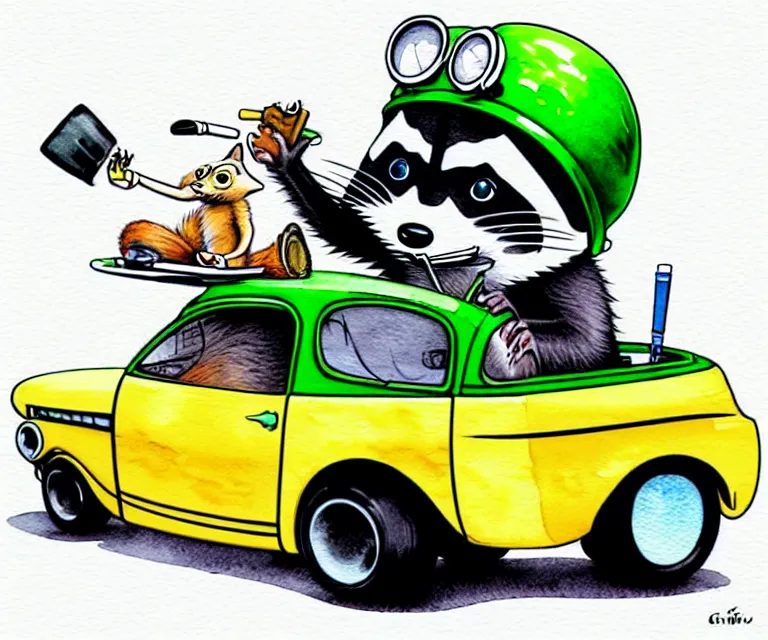 Image similar to cute and funny, racoon with a cigarette in mouth wearing a helmet riding in a tiny hot rod coupe with oversized engine, ratfink style by ed roth, centered award winning watercolor pen illustration, isometric illustration by chihiro iwasaki, edited by range murata