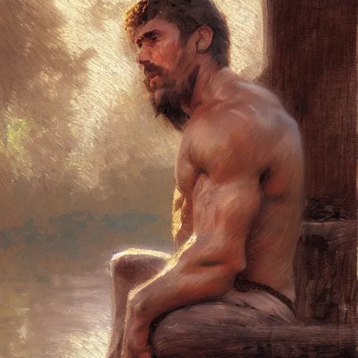 Image similar to man by the river, muscular, detailed face, correct face, painting by Gaston Bussiere, Craig Mullins