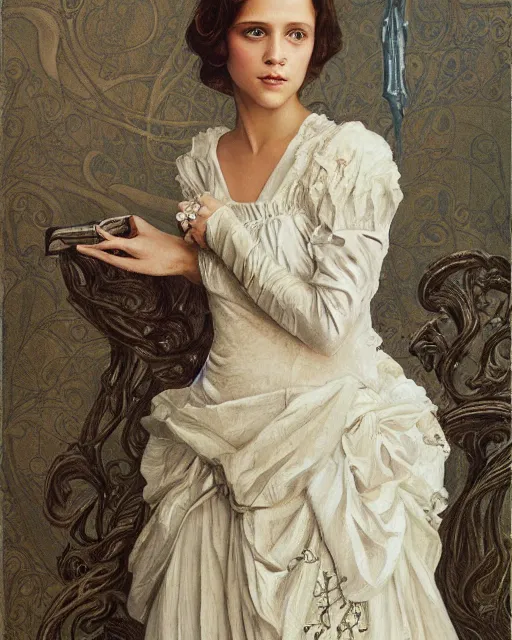 Image similar to an art nouveau painting of a girl resembling alicia vikander or millie bobby brown in a wedding dress, highly detailed, intricate, artstation, by donato giancola
