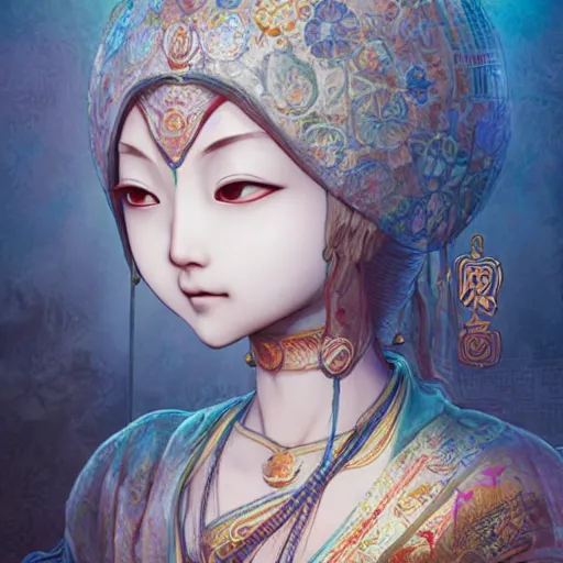 Prompt: character portrait of a contented female bodhisattva, color page, 4 k, tone mapping, doll, akihiko yoshida, james _ jean _ andrei _ riabovitchev _ marc _ simonetti, yoshitaka amano, digital illustration