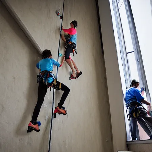 Image similar to A climbing expedition climbing the stairs of a regular apartment building. They are using ropes, pickaxes and other professional climbing gear in order to climb the stairs. Photograph, f/8, room lighting, indoor