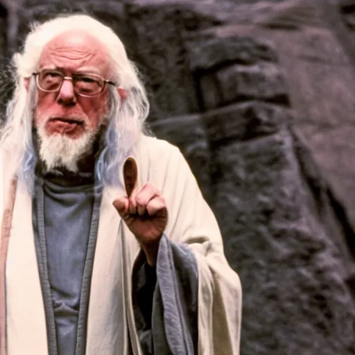 Prompt: Bernie Sanders as Gandalf the grey in full robes defending the Bridge of Khazad-dûm, 35mm film