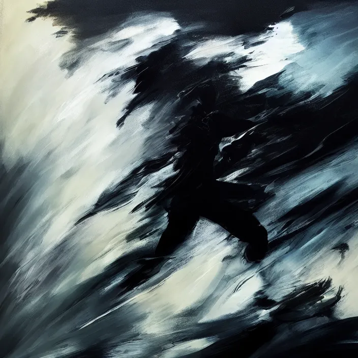 Image similar to abstract, a thin, fit man's body explodes in abstract, thick flowing dramatic brush strokes, strong wind, black background, matte colors, impressionist, extreme motion, trending on artstation