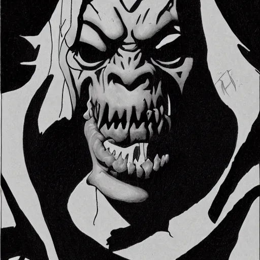 Image similar to skinny moria orc, portrait, by mike mignola, greyscale,