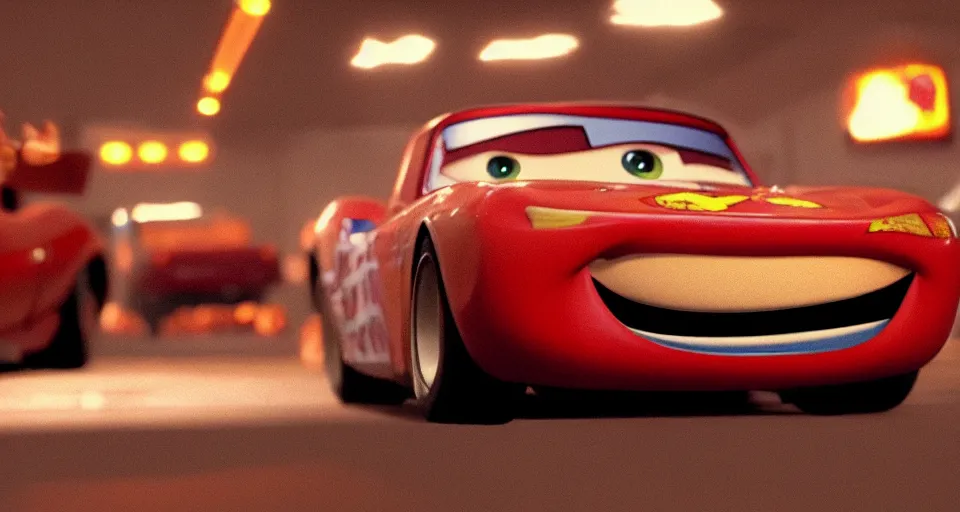 Image similar to a film still of Lightning McQueen in Pulp Fiction, anamorphic, cinematography,