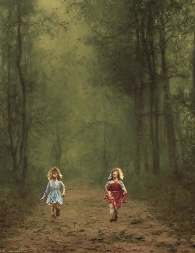 Prompt: two peasant girls running in the forest, motion photo, Cottage core, Cinematic focus, Polaroid photo, vintage, neutral colors, soft lights, foggy, by Steve Hanks, by Serov Valentin, by lisa yuskavage, by Andrei Tarkovsky, by Terrence Malick, by Krenz Cushart, 8k render, detailed, oil on canvas