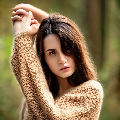 Prompt: real life photo of a beautiful girl, full body photoshoot, long brown hair, brown eyes, full round face, short smile, belly free dark brown sweater, forest setting, cinematic lightning, medium shot, mid - shot, highly detailed, trending on artstation, unreal engine 4 k, 8 0 mm, 8 5 mm, cinematic wallpaper