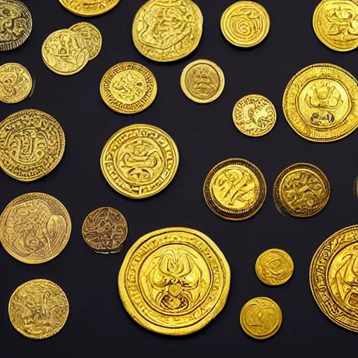 Image similar to a strange veriety collection of oddly shaped intricate ancient golden coins