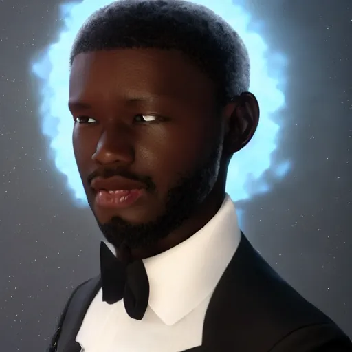 Image similar to beautiful 3D rendered fictional black character, his head is made of fluffy clouds, wearing white suit, realistic, 8k, 4k, unreal engine, by Antoni Tudisco, artstation