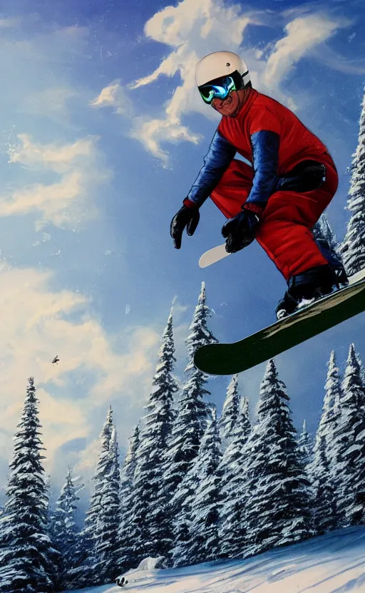 Image similar to Rodney Dangerfield snowboarding, high details, 4k, 8k, trending on artstation