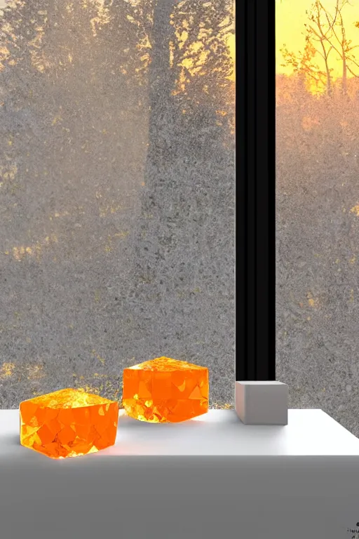 Image similar to a giant cubic orange and yellow crystal on a white table near a window at sunset, hyperrealistic, highly detailed, high qualit, 8K, godrays, warm lighting, path traced, high coherence, calm, macro photo, symmetrical, photorealistic, low contrast, serene landscape, beautiful, geometric