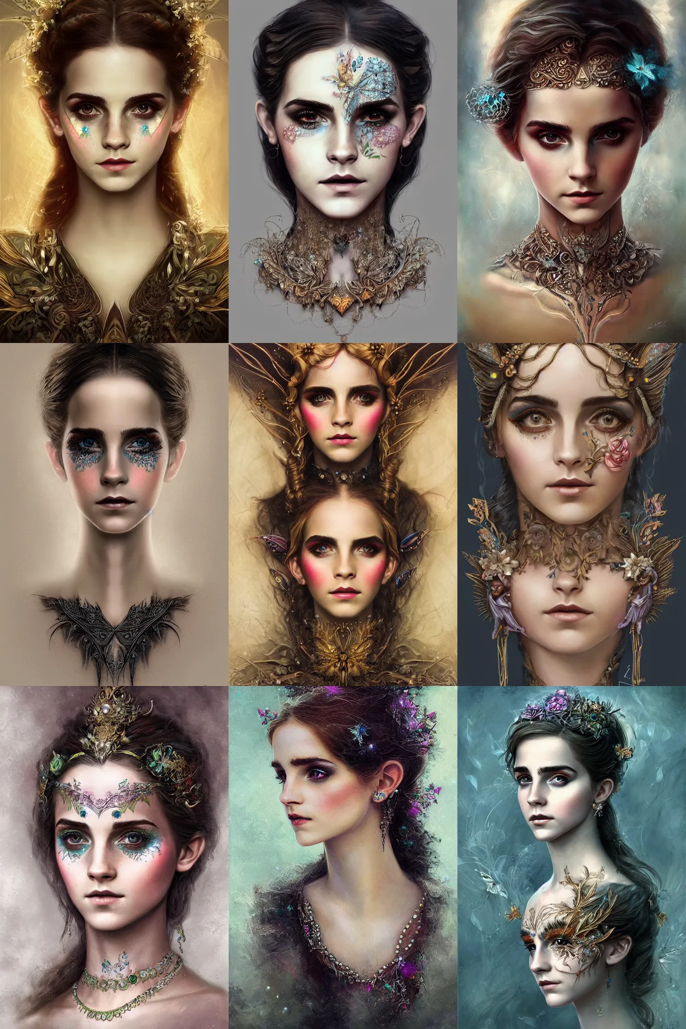 Prompt: portrait of a fairy, symmetric, facepaint, intricate jewelry, trending on artstation 4 k, in the style of karol bak and tom bagshaw, bust with face of emma watson