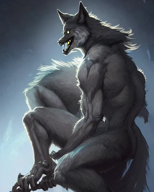 Image similar to gray werewolf, backlight, rim lighting, deep focus, d & d, fantasy, intricate, elegant, highly detailed, digital painting, artstation, concept art, matte, sharp focus, illustration, hearthstone, art by artgerm and greg rutkowski and alphonse mucha