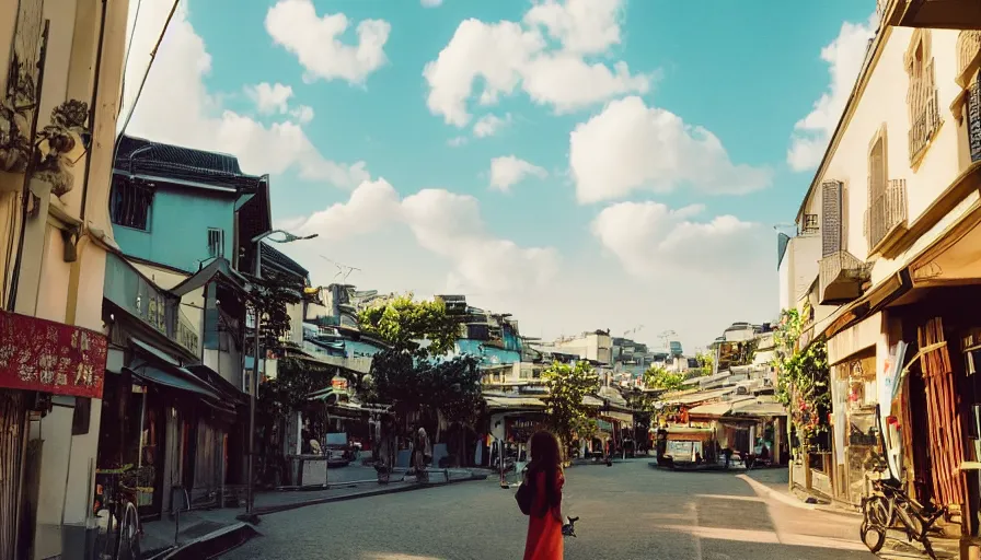 Image similar to a 3 5 mm photo by petra collins of a beautiful day in a city that looks like toyko, paris, kyoto and jiufen, cinematic lighting, cinematic look, golden hour, the clouds are epic and colorful with cinematic rays of light, a girl walks down the center of the street in a gucci dress, uhd