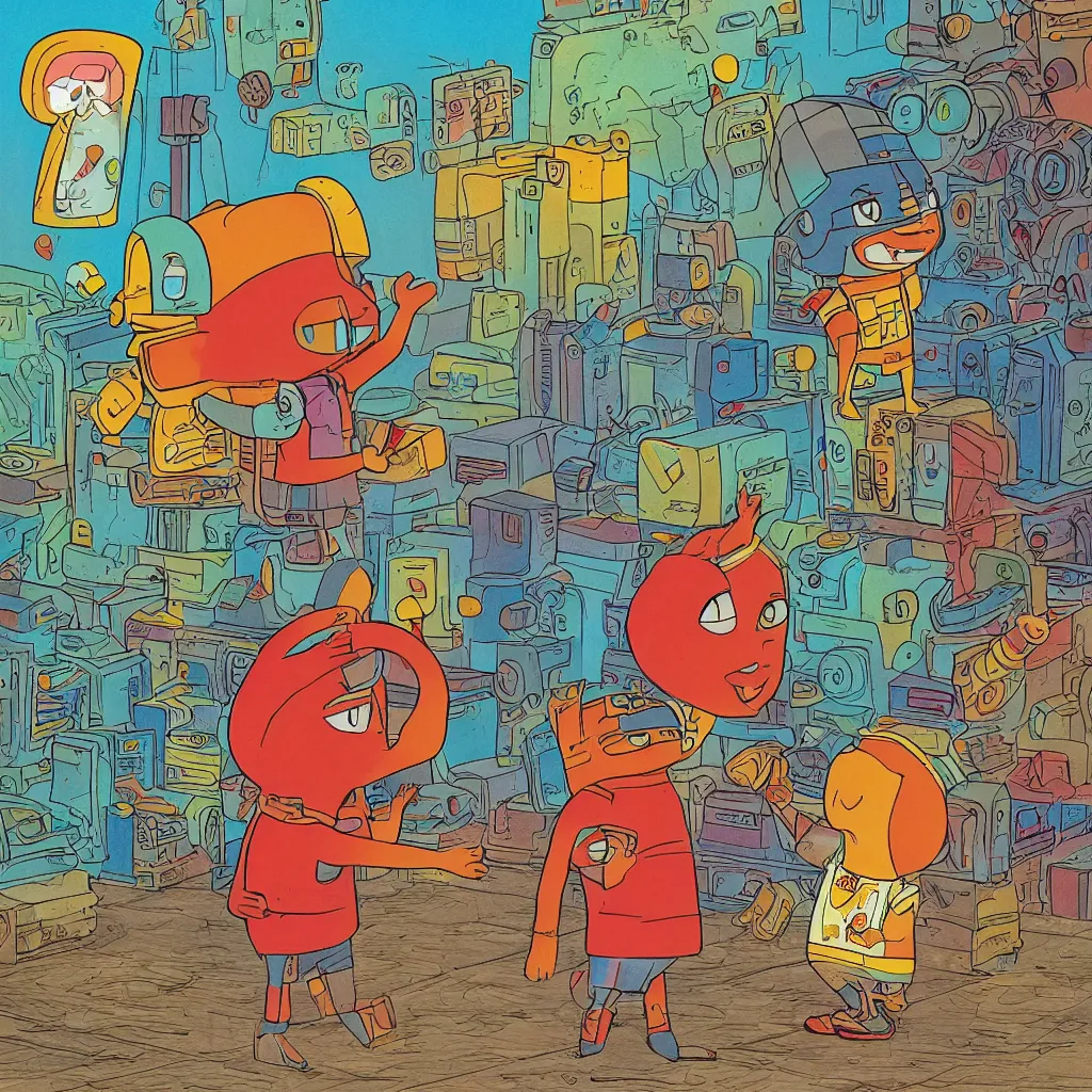 Image similar to A child made of bismuth consoling a regular child, high definition, graphic novel art, by Richard Scarry and Genndy Tartakovsky