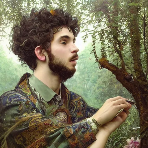 Image similar to intricate detailed portrait painting of a young man putting on tefillin in a beautiful forest meadow, temple ruins surrounded by lush forest, afternoon, intricate, elegant, highly detailed, digital painting, sharp, focus, illustration art by artgerm and greg rutkowski and alphonse mucha