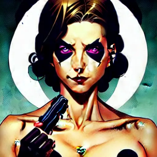 Prompt: artgerm, joshua middleton comic cover art, pretty domino character marvel comics sarah michelle gellar, place white skin, asymmetrical black spot covering left eye only, no spot right eye white around right eye