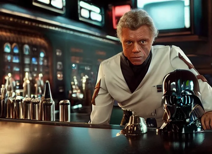 Image similar to film still of Darth Vader working as a bartender in the new Star Wars movie, 4k