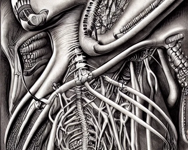 Prompt: highly detailed labeled medical anatomy poster of h. r. giger's alien, photorealistic, hyperrealistic, high resolution
