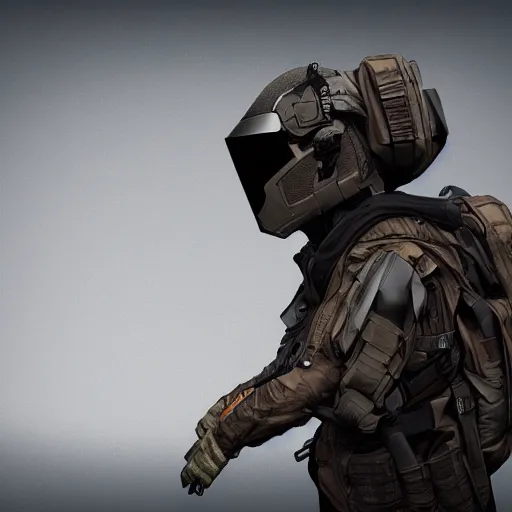 Image similar to futuristic insurgent wearing black helmet, brown cloak, technical vest, and a backpack, photorealistic, digital art
