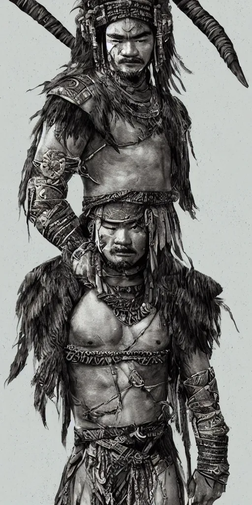 Prompt: half - body, tribal headwear, muscled man, takeshi kaneshiro as a brave tribal warrior, detailed, concept art by artem priakhin