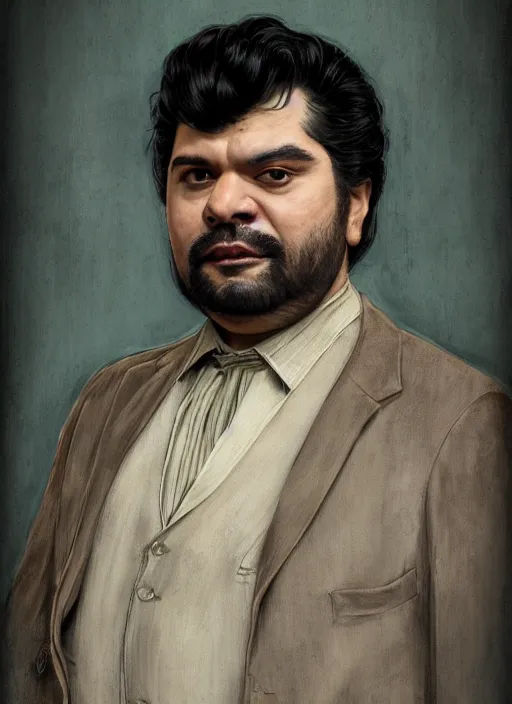 Image similar to portrait of Harvey Guillen from the TV series What We Do in the Shadows (2019), highly detailed, centered, solid color background, digital painting, artstation, concept art, smooth, sharp focus, illustration, artgerm, donato giancola, Joseph Christian Leyendecker, Les Edwards, Ed Repka, WLOP, Artgerm