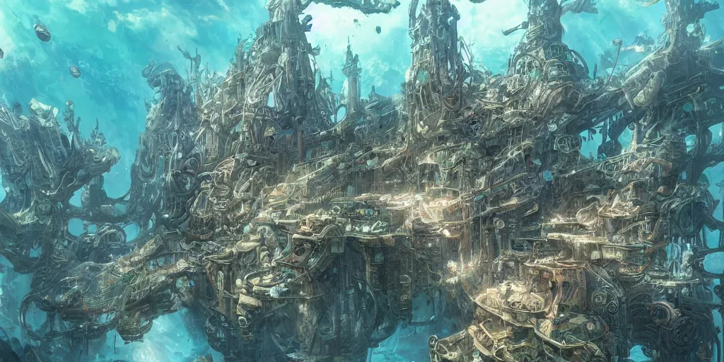 Prompt: masterpiece artwork of a underwater city inside of aquarium, hyper detailed, art, trending in artstation, behance, deviantart, art style by kim jung gi and greg rutkowski