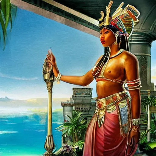 Prompt: a fijian queen looks down on her city from the palace balcony, fantasy art on an egyptian wall