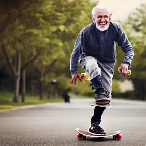 Image similar to old man riding a skateboard, realistic, hd