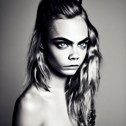 Image similar to portrait of beautiful cara delevingne by mario testino, headshot, detailed, award winning, sony a 7 r