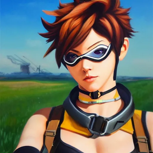 Prompt: oil painting of tracer overwatch in a field, in style of artgerm, expressive face, very detailed face, wearing large steel choker, very detailed eyes, full body, feminine face, detailed makeup on eyes,