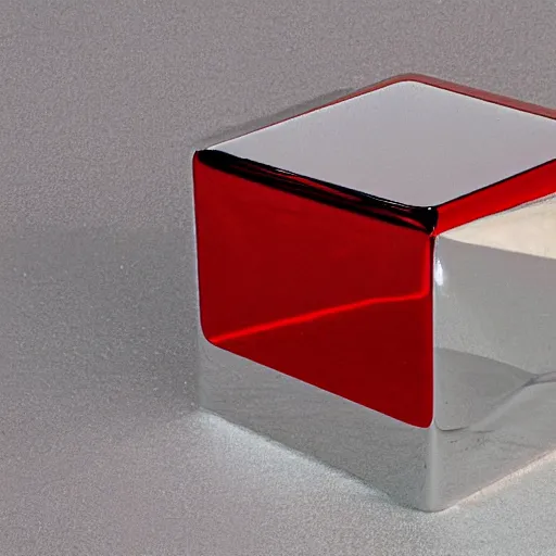 Prompt: chrome spheres on a red cube by thomas phillips