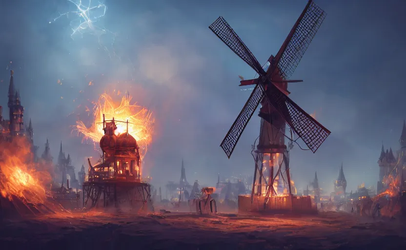 Image similar to a steampunk windmill, robot, fire, ash, electricity lightning, furry, soft, concept art, sharp focus, intricate details, highly detailed, photorealistic, disney pixar, octane render, iridescent, anime, 8 k