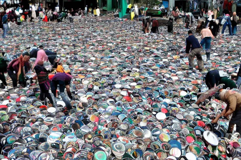 Image similar to sugondese people sorting a giant pile of compact discs