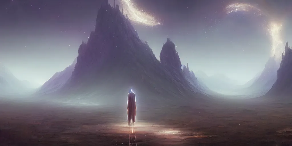 Image similar to The spiritual path, a journey through time by Tooth Wu and wlop and beeple. a highly detailed epic cinematic concept art CG render digital painting artwork scene. By Greg Rutkowski, Ilya Kuvshinov, WLOP, Stanley Artgerm Lau, Ruan Jia and Fenghua Zhong, trending on ArtStation, made in Maya, Blender and Photoshop, octane render, excellent composition, cinematic dystopian brutalist atmosphere, dynamic dramatic cinematic lighting, aesthetic, very inspirational, arthouse