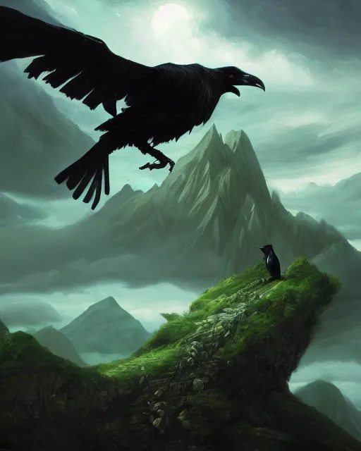 Prompt: oil painting of a Anthropomorphized raven shaman casting spell on mountain, in the clouds behind transparant spirit of green dragon, sharp focus, heroic pose, fantasy style, octane render, volumetric lighting, 8k high definition, by greg rutkowski, highly detailed, trending on art Station, magic the gathering artwork, mountain background, centered