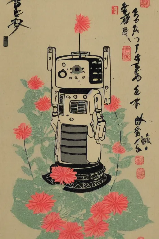 Prompt: Japanese woodblock print of a robot made out of flowers