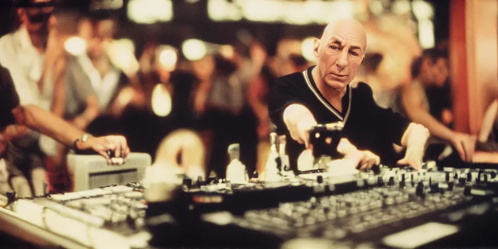 Prompt: Jean Luc Picard in sunglasses at the dj table dropping sick beats in the club , frightening, ghastly, photorealistic, old film, 35mm film, found film, scary, ominous, by bruce davidson, on hasselblaad