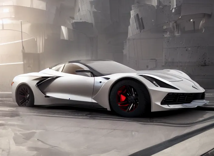 Image similar to hyperrealism, detailed textures, photorealistic 3 d render, a photorealistic futuristic 2 0 3 9 corvette stingray concept car with a blazing pearl white colour scheme, sharp focus, ultra realistic, ultra high pixel detail, cinematic, intricate, cinematic light, concept art, illustration, art station, unreal engine 8 k