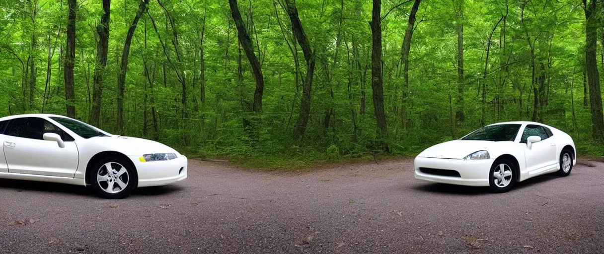 Image similar to “2003 Mitsubishi Eclipse white pearl on a us avenue wide angle forest background high speed Timelapse”