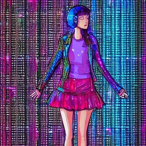 Image similar to digital illustration of a beautiful wet girl wearing a short skirt in the rain interacting with a holographic interface on a wall in a future cyber punk style city trending on art station