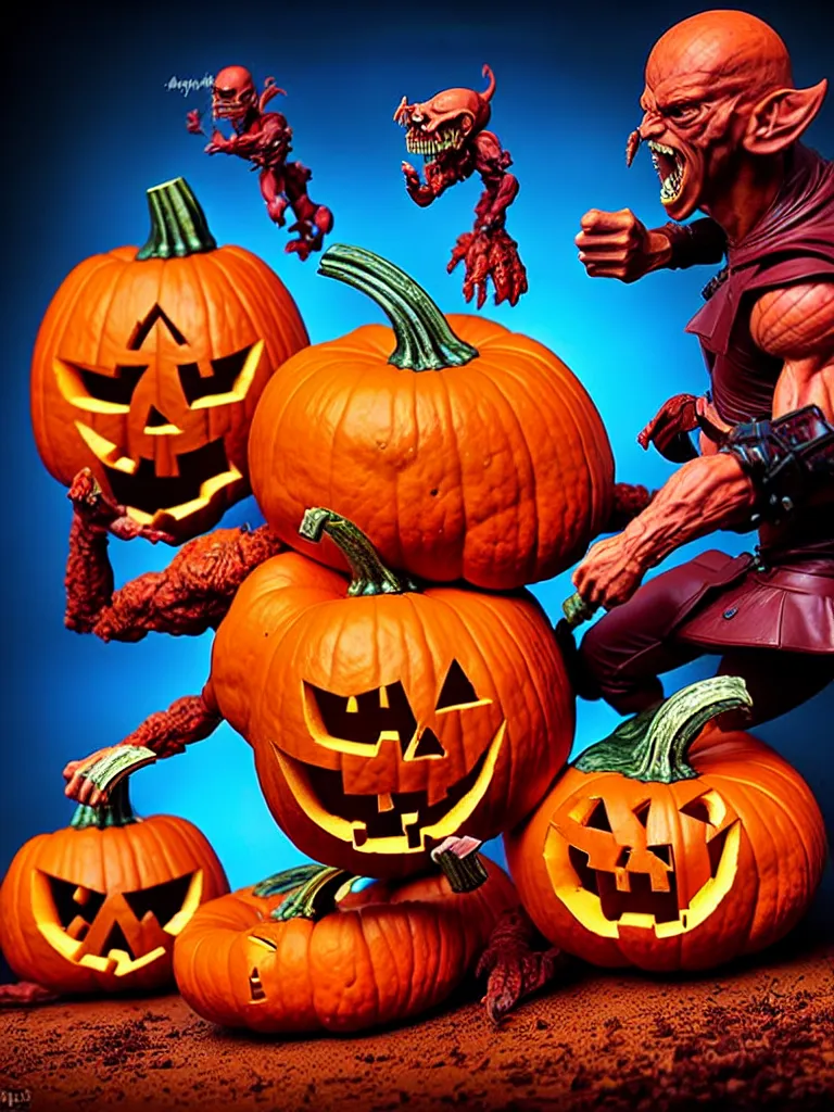 Image similar to hyperrealistic rendering, epic pumpkin overlord battle by art of skinner and richard corben and jeff easley, product photography, action figure, sofubi, studio lighting, colored gels