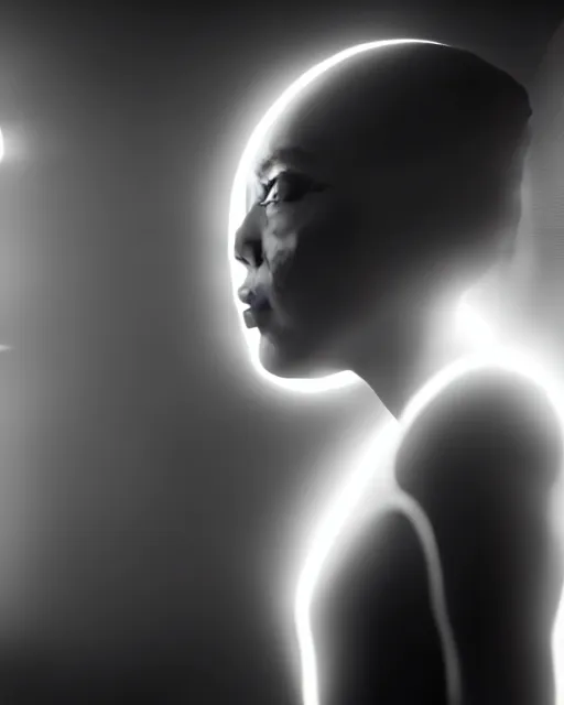 Image similar to black and white high quality photo of a beautiful futuristic female human-cyborg looking into a sci-fi mirror, volumetric lighting, liminal space, brutalism, foggy, dreamy, hyperdetailed, bokeh, photorealistic, cinematic, masterpiece, Metropolis, elegant, dark, octane render, 8K, in the style of Dora Maar