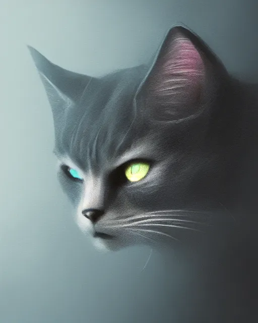 Image similar to Cat made out of shadows and fog, sneaking, portrait, dark fur, glowing eyes, horror, magic the gathering artwork, D&D, fantasy, cinematic lighting, centered, symmetrical, highly detailed, digital painting, artstation, concept art, smooth, sharp focus, illustration, volumetric lighting, epic Composition, 8k, art by Akihiko Yoshida and Greg Rutkowski and Craig Mullins, oil painting, cgsociety