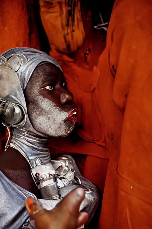 Prompt: a spectacular wideangle detailed closeup colorchrome portrait photo, of a white robot kissing a african woman, beautiful low light , style Steve McCurry