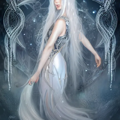 Image similar to an elven woman with long, silver hair cascading down her back. she has delicate, angular features and piercing blue eyes. she's clad in a flowing white dress with intricate silver embroidery, dynamic lighting, photorealistic fantasy concept art, trending on art station, stunning visuals, creative cinematic, ultra detailed