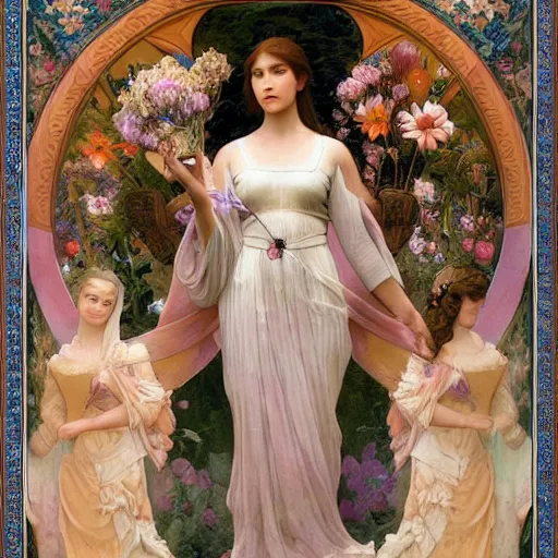 Image similar to princess of flowers, by annie swynnerton and charlie bowater and diego rivera and william - adolphe bouguereau, nicholas roerich and jean delville and evelyn de morgan, dramatic lighting, brocade robes, elaborate floral ornament, rich colors, smooth sharp focus, extremely detailed, donato giancola, adolf wolfli