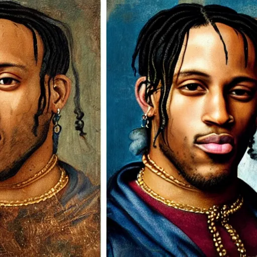 Prompt: a renaissance style portrait painting of travis scott