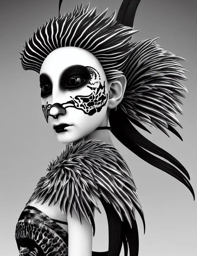 Image similar to 3 d goddess close - up profile simple portrait punk with mohawk with tiger skull. beautiful intricately detailed japanese crow kitsune mask and clasical japanese kimono. betta fish, jellyfish phoenix, bio luminescent, plasma, ice, water, wind, creature, artwork by tooth wu and wlop and beeple and greg rutkowski