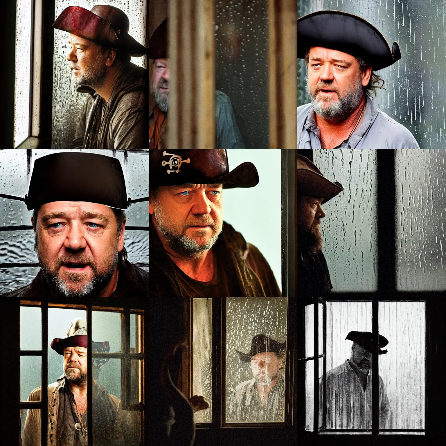 Prompt: obscured by small window, concerned russell crowe wearing a big pirate hat standing behind a rainy dirty window and wooden wall peering out towards the camera